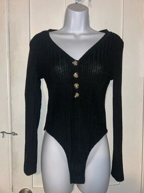 Black Ribbed V-Neck Button Front Long Sleeve Bodysuit